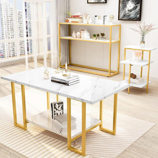 Linkromat 3Pcs Gold Coffee Table Set,Living Room Table Set of 3,Faux Marble Coffee Table & 3-Tier End Table & Console Tables for Entryway,Accent Table Sofa Side Table with Storage & Metal Frame Modern Furniture