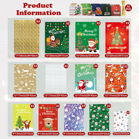 32Pcs Gift Christmas Bags, 5 Assorted Sizes Holiday Xmas Gift Bags with Tags, Christmas Drawstring Bags for Gifts Wrapping Party Presents Decorations - Large Medium Small