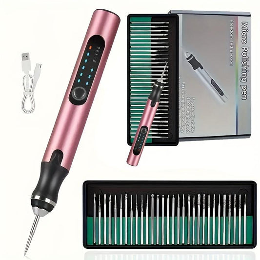 32Pcs Electric Engraving Pen - USB Rechargeable Cordless Rotary Engraver with 32 Interchangeable Knives, Portable DIY Crafting Tool for Jewelry, Wood, Glass, Stone & Rose Red Engraving