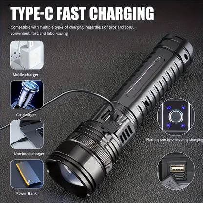High Power LED Flashlight Super Bright LED Spotlight Long Range Torch Emergency Outdoor with 5 Lighting Modes Zoomable