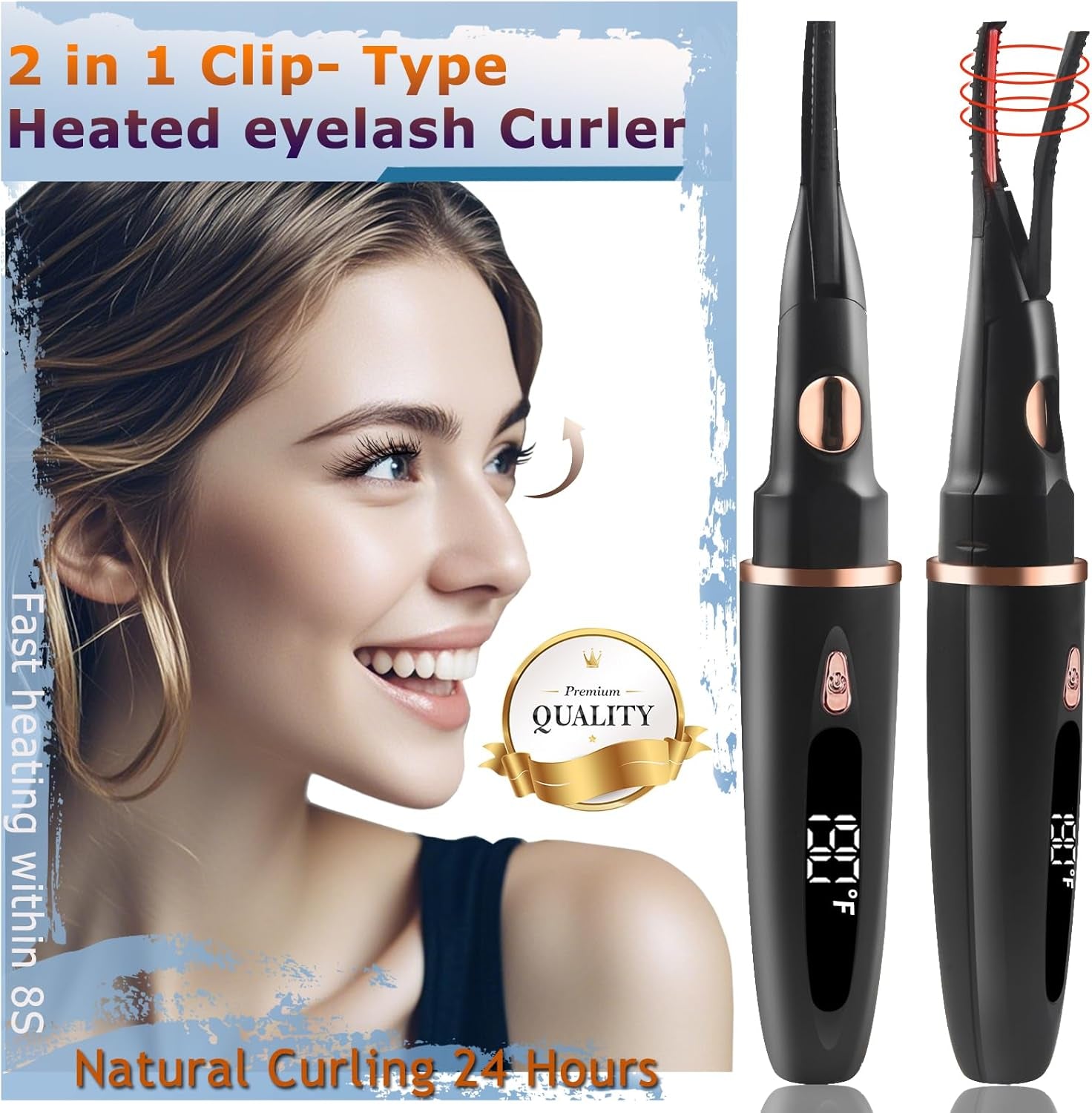 Heated Eyelash Curlers - 2 in 1 Clip- Type Heated Lash Curler Best Seller Electric Eyelash Curler LED Display 3 Temp Settings for Makeup Tools USB Rechargeable Natural Curling 24H Long Lasting 2A