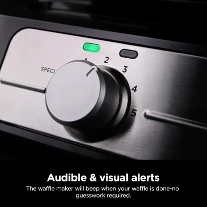 BW1001 Neverstick PRO Belgian Waffle Maker, Vertical Design, 5 Shade Settings, with Precision-Pour Cup & Chef-Curated Recipe Guide, Black & Silver