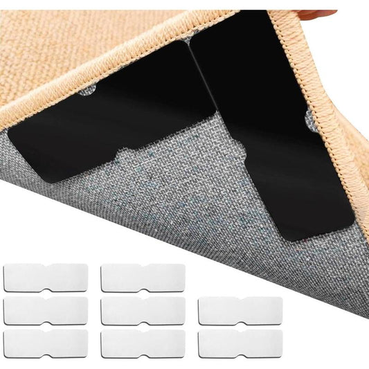 Double-Sided Rug Pad Grippers for Hardwood Floors and Tiles - No Washable Non Slip Adhesive Pads for Area Rugs, Keeping Corners Flat (8Pcs, 2X6 Inch, Carpet Tape)