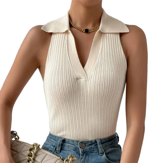 Summer Women Knitting Blouse Vest Elegant Sleeveless off Shoulder Pullover Solid Color Slim Ribbed Shirt Blouse Top