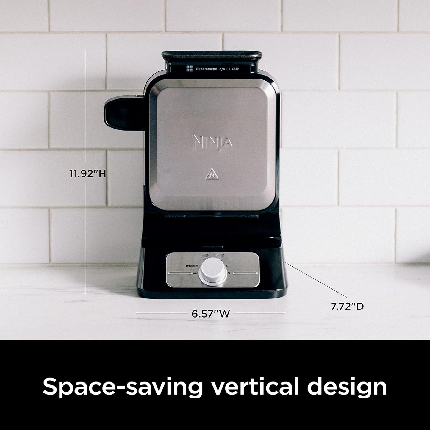 BW1001 Neverstick PRO Belgian Waffle Maker, Vertical Design, 5 Shade Settings, with Precision-Pour Cup & Chef-Curated Recipe Guide, Black & Silver