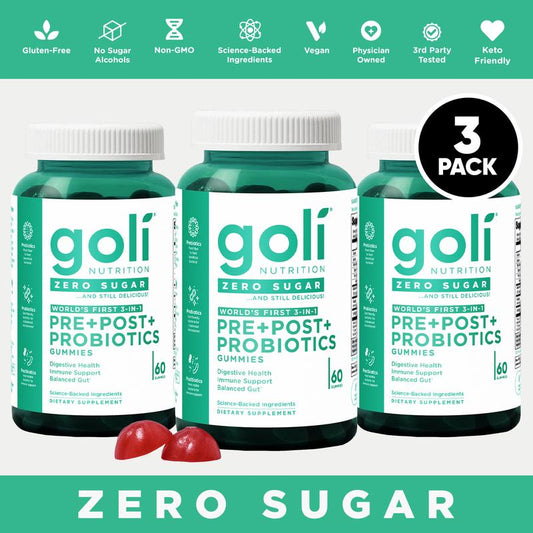 3 Bottles of Goli Zero Sugar World'S First 3-In-1 Pre, Post, Probiotic Gummies - Gluten Free, Vegan, Non-Gmo, & Gelatin-Free.