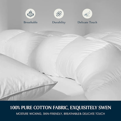 Goose Feather down Fiber Cotton Comforter Queen Size - 100% Cotton Duvet Insert - Hotel Luxury Hypoallergenic Bedding Comforter All Season Medium Warmth 90 X 90 Inch White