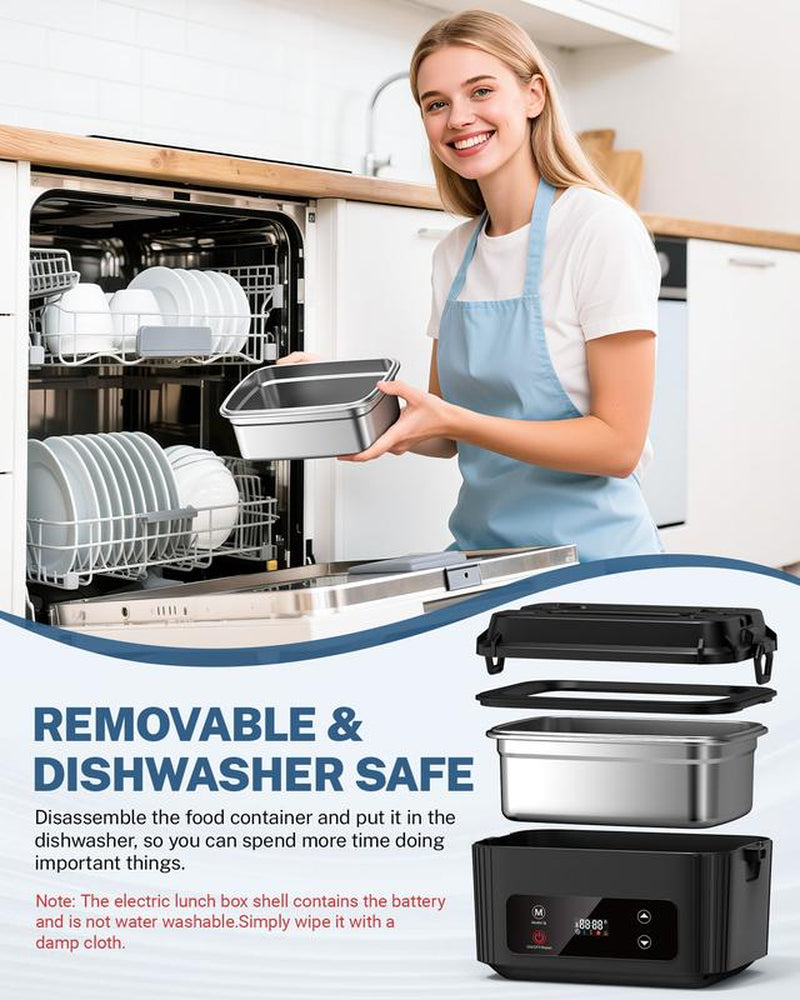 OGERY Self-Heating Electric Lunch Box, 100W Faster Heated Cordless Lunch Box for Adults with Automatic Heating, 40 Fl Oz 304 Stainless Steel Food Warmer with Timer for Hot Meals Anywhere