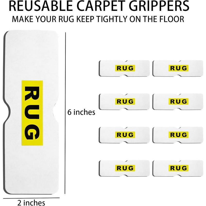 Double-Sided Rug Pad Grippers for Hardwood Floors and Tiles - No Washable Non Slip Adhesive Pads for Area Rugs, Keeping Corners Flat (8Pcs, 2X6 Inch, Carpet Tape)