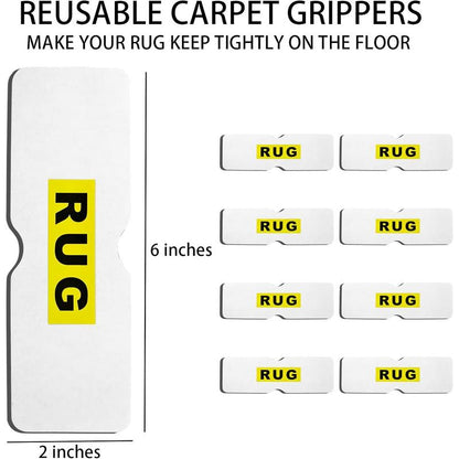 Double-Sided Rug Pad Grippers for Hardwood Floors and Tiles - No Washable Non Slip Adhesive Pads for Area Rugs, Keeping Corners Flat (8Pcs, 2X6 Inch, Carpet Tape)