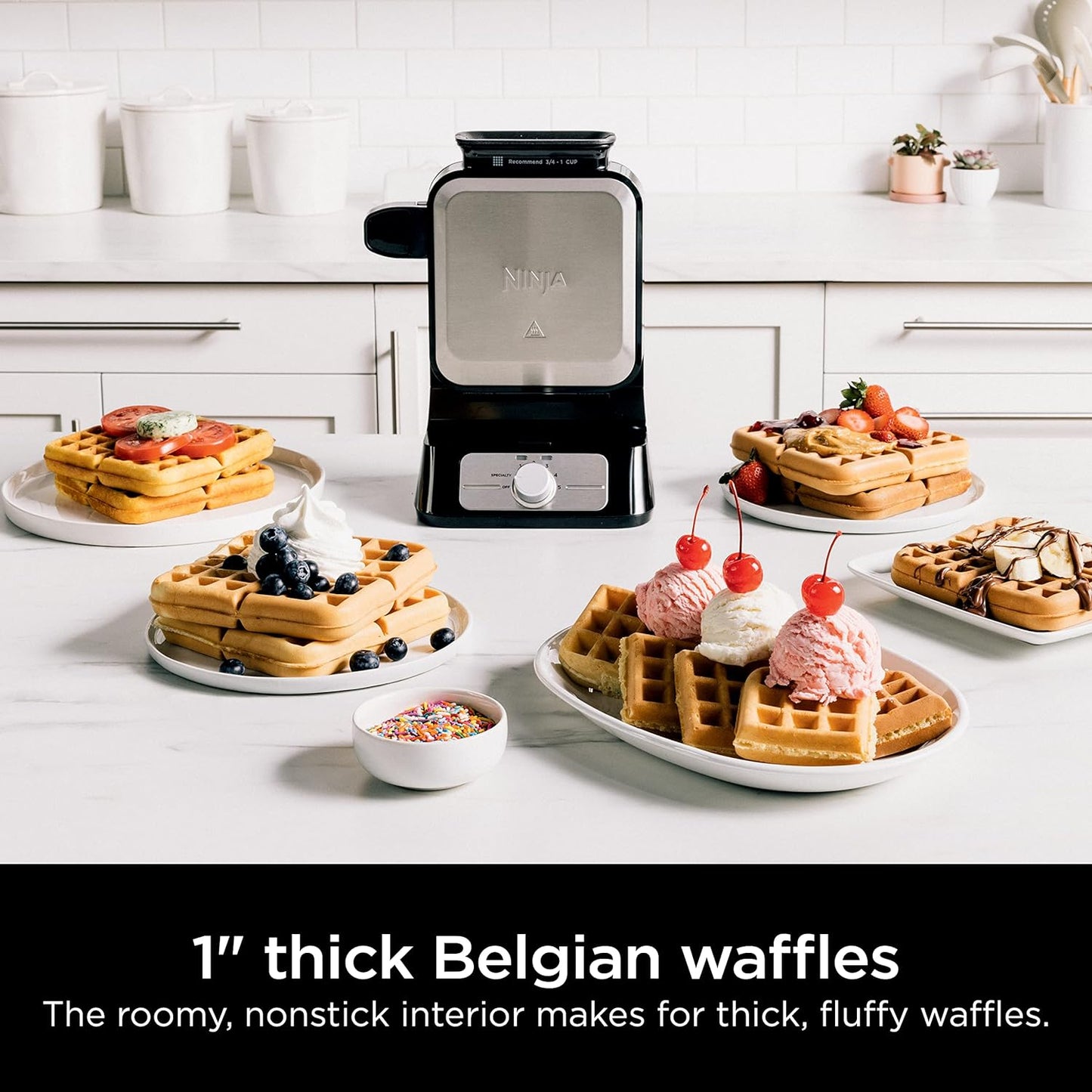 BW1001 Neverstick PRO Belgian Waffle Maker, Vertical Design, 5 Shade Settings, with Precision-Pour Cup & Chef-Curated Recipe Guide, Black & Silver