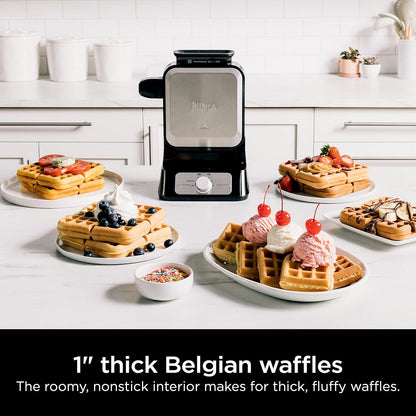 BW1001 Neverstick PRO Belgian Waffle Maker, Vertical Design, 5 Shade Settings, with Precision-Pour Cup & Chef-Curated Recipe Guide, Black & Silver