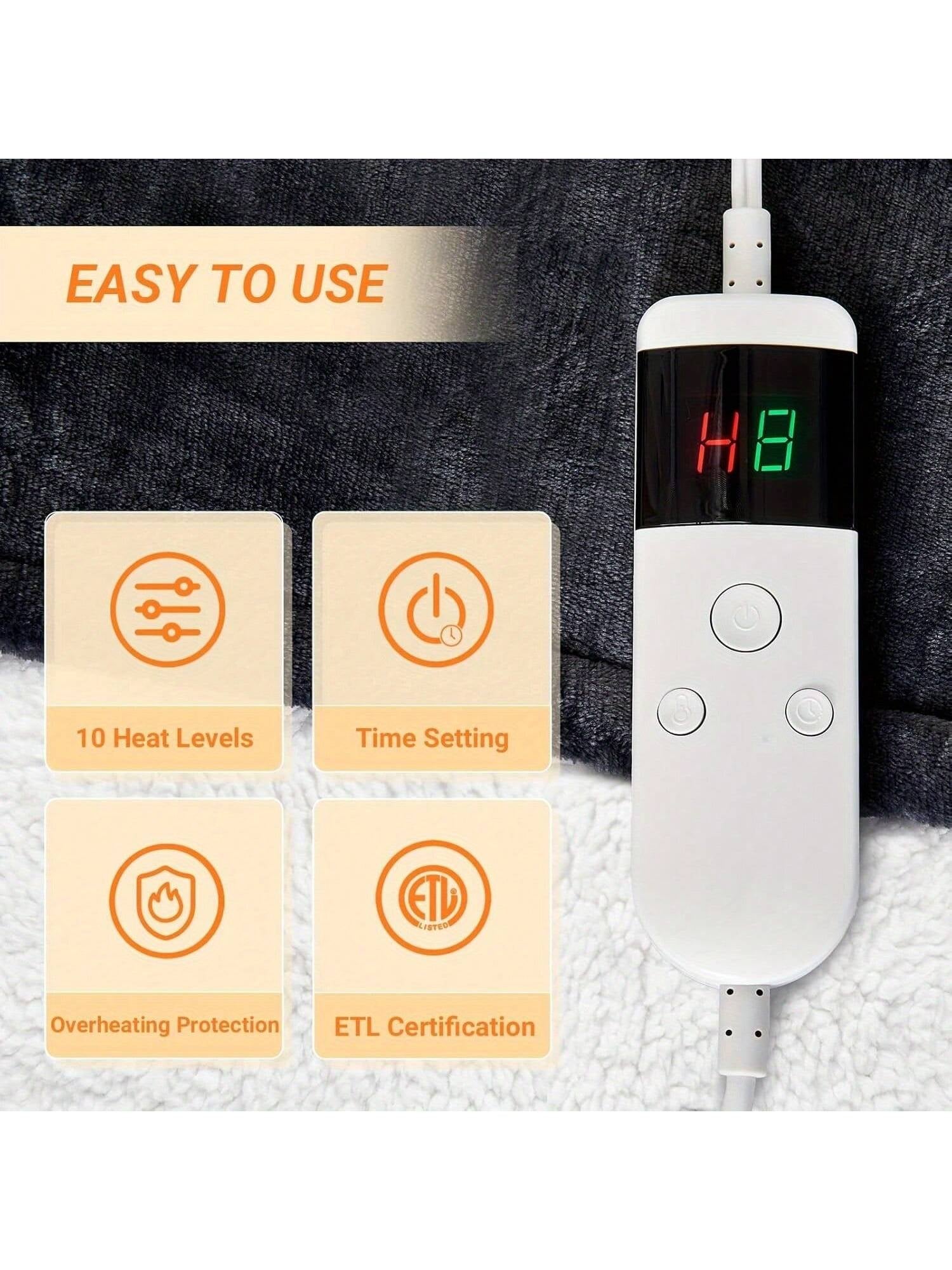 1PC Electric Blanket Heated Throw, Soft Flannel Heating Blanket with 8 Hours Auto off 10 Fast Heating Levels Machine Washable Sherpa Heated Blanket with Overheating Protection