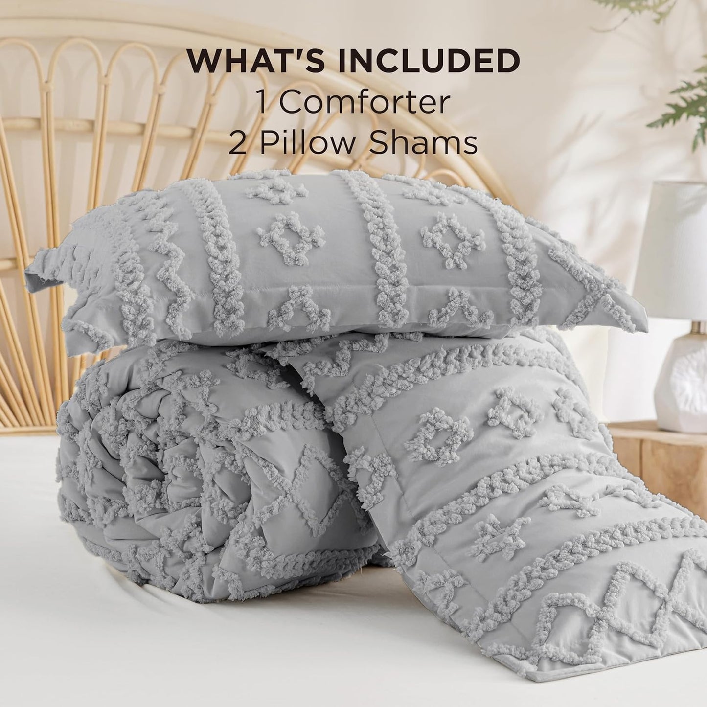 Tufted Boho Comforter Set King Size - Light Grey Boho Bed Set, Gentlesoft™ 3 Pieces Farmhouse Shabby Chic Embroidery Bedding, Gifts for Woman, Soft Jacquard King Comforter for All Seasons