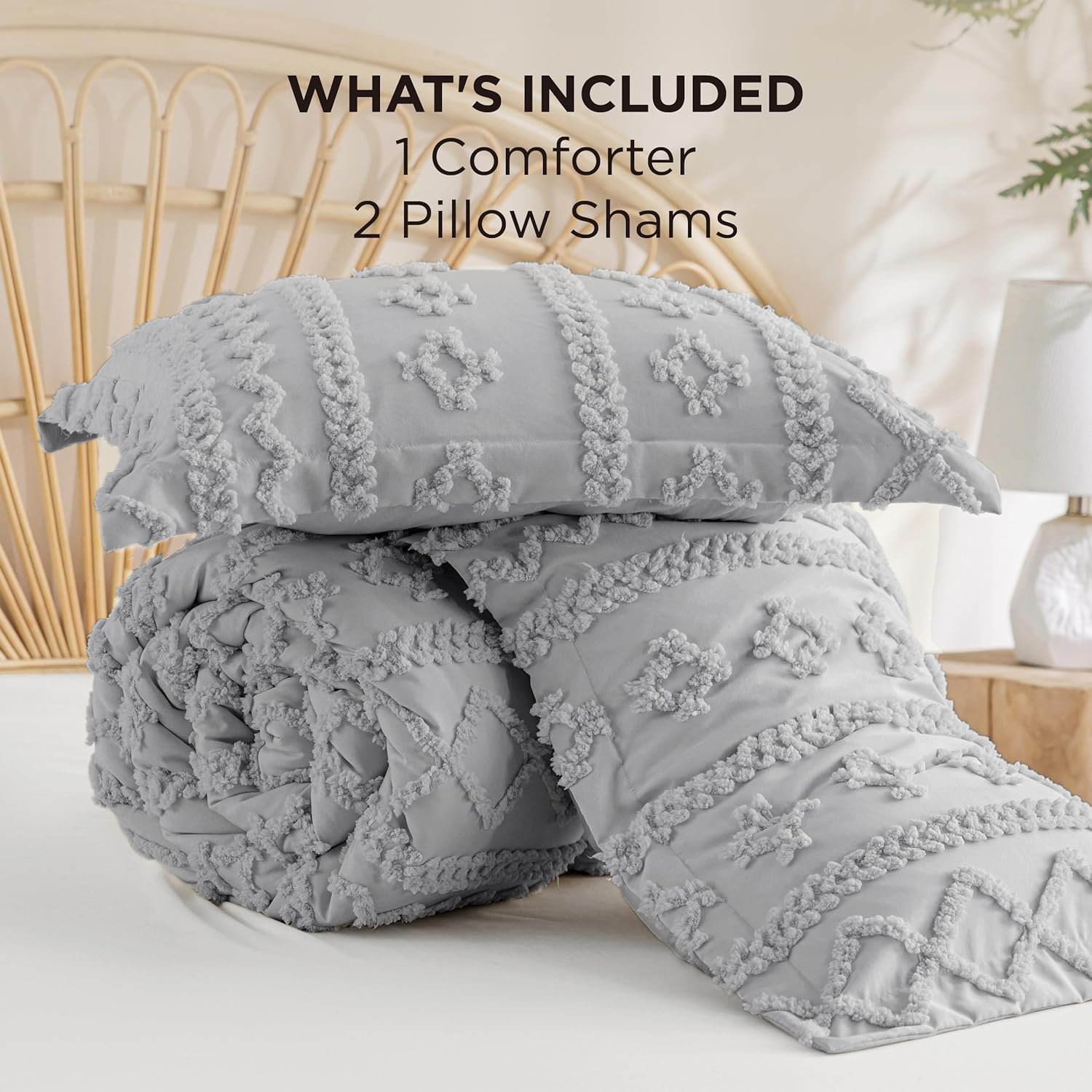 Tufted Boho Comforter Set King Size - Light Grey Boho Bed Set, Gentlesoft™ 3 Pieces Farmhouse Shabby Chic Embroidery Bedding, Gifts for Woman, Soft Jacquard King Comforter for All Seasons