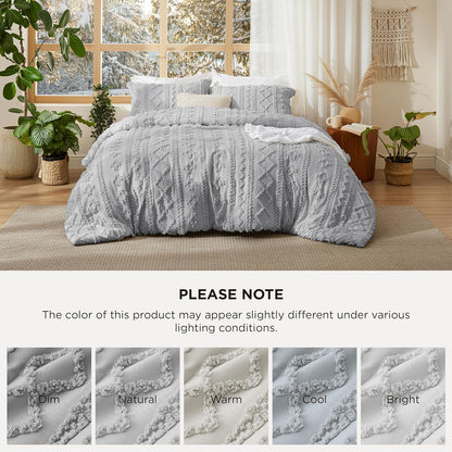 Tufted Boho Comforter Set King Size - Light Grey Boho Bed Set, Gentlesoft™ 3 Pieces Farmhouse Shabby Chic Embroidery Bedding, Gifts for Woman, Soft Jacquard King Comforter for All Seasons