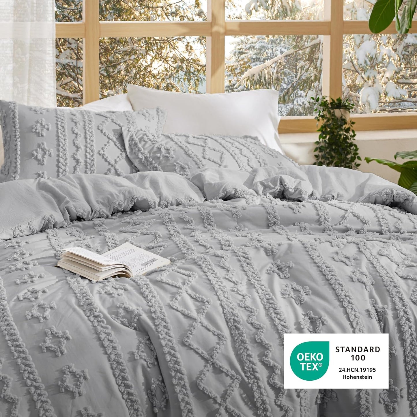 Tufted Boho Comforter Set King Size - Light Grey Boho Bed Set, Gentlesoft™ 3 Pieces Farmhouse Shabby Chic Embroidery Bedding, Gifts for Woman, Soft Jacquard King Comforter for All Seasons