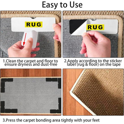Double-Sided Rug Pad Grippers for Hardwood Floors and Tiles - No Washable Non Slip Adhesive Pads for Area Rugs, Keeping Corners Flat (8Pcs, 2X6 Inch, Carpet Tape)