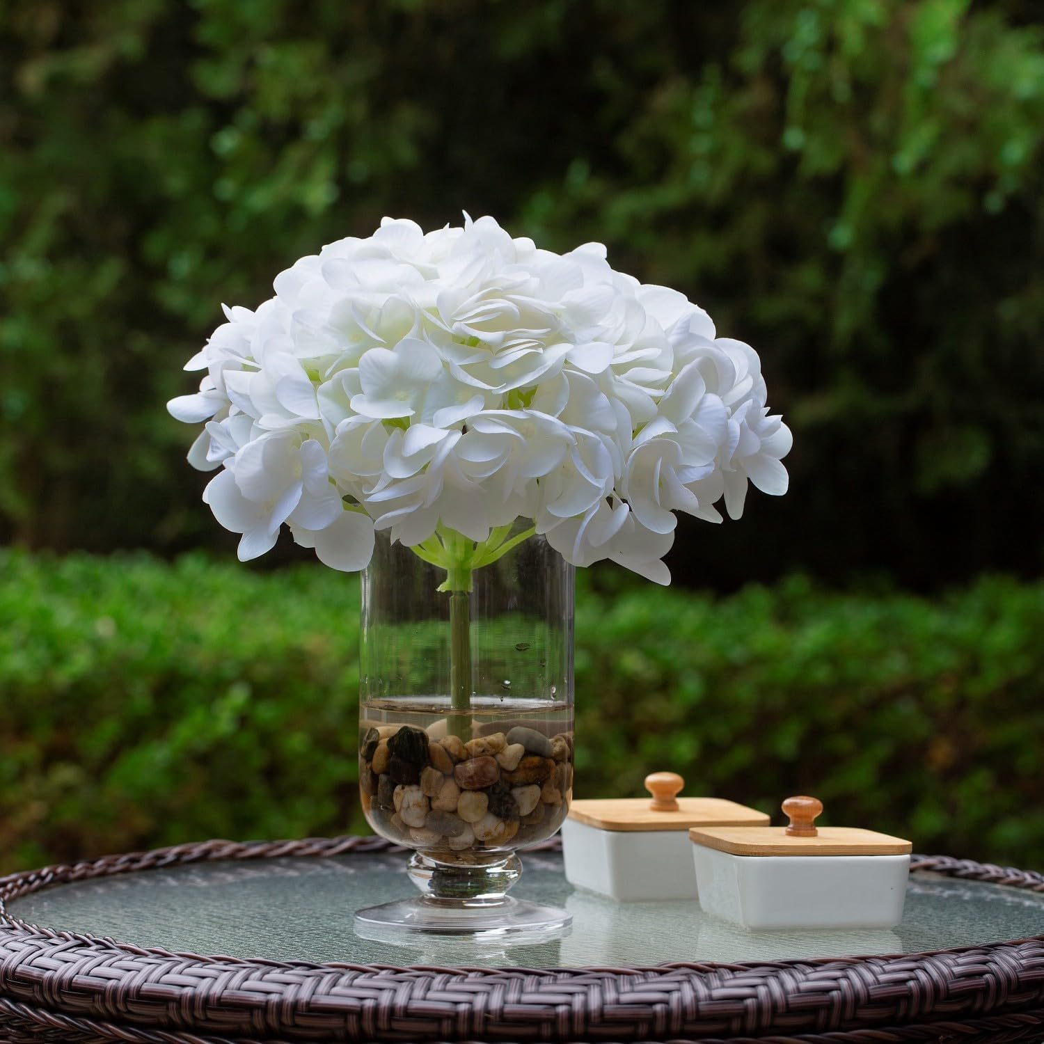 Artificial Flowers with Vase White Silk Fake Flowers Arrangements in Glass Vase with Faux Water for Home Bathroom Office Table Centerpiece Shelf Decorations