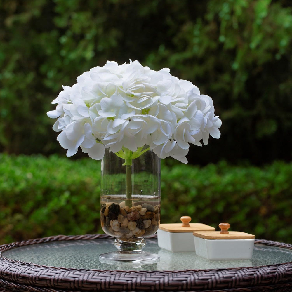 Artificial Flowers with Vase White Silk Fake Flowers Arrangements in Glass Vase with Faux Water for Home Bathroom Office Table Centerpiece Shelf Decorations