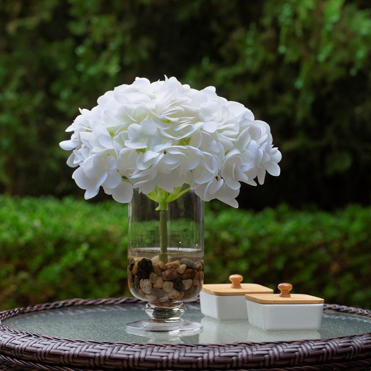 Artificial Flowers with Vase White Silk Fake Flowers Arrangements in Glass Vase with Faux Water for Home Bathroom Office Table Centerpiece Shelf Decorations