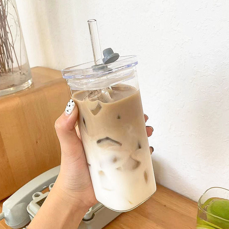 Simple Straw Cup Milk Tea Cup New Women's High-value Household High-temperature Transparent Square Glass With Handle