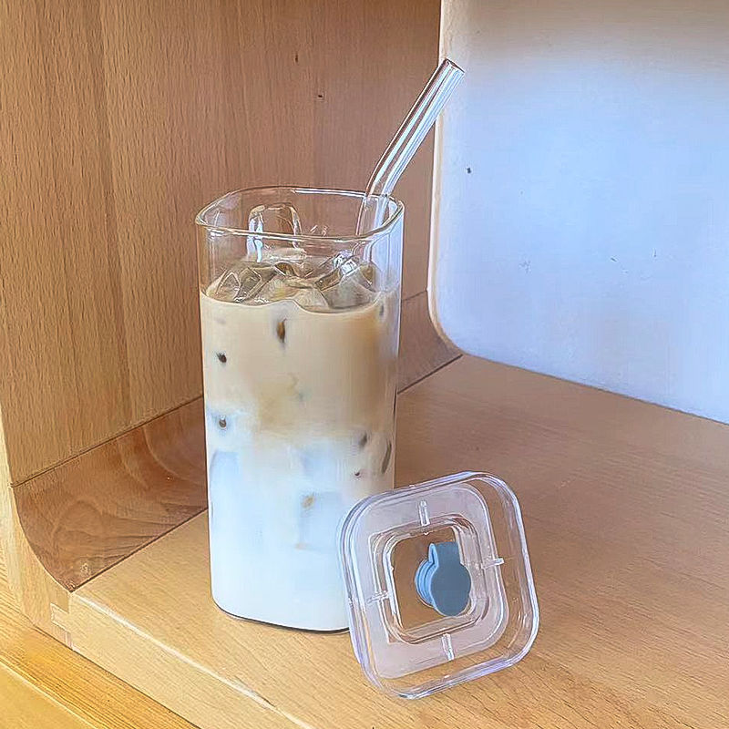 Simple Straw Cup Milk Tea Cup New Women's High-value Household High-temperature Transparent Square Glass With Handle