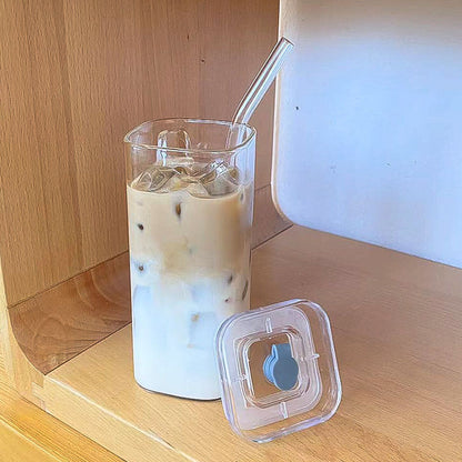 Simple Straw Cup Milk Tea Cup New Women's High-value Household High-temperature Transparent Square Glass With Handle