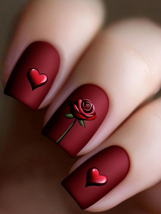 24pcs Valentine's Day Nail Art Red Heart Rose Nails Romantic Date Nail Art ladies Wear Nails Valentine's Day Romantic Gift Reusa