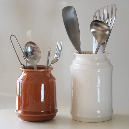 Porcelain Kitchen Utensil Holder for Countertop – Farmhouse Metal Cooking Tools Organizer, Spatula & Gadget Storage Crock Container