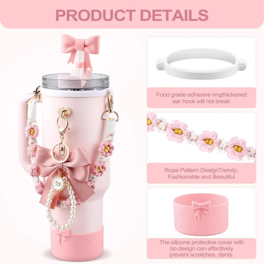 6pcs Water Bottle Accessories Set for Stanley 40oz Tumbler Cup,Including  Handle Strap, Siliocne Boot, Bow Straw Cover