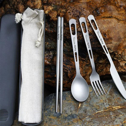 ure Titanium Tableware Set – Portable Knife, Fork, Spoon & Chopsticks for Outdoor Camping, Travel & Home Use | Lightweight Frosted Titanium Cutlery