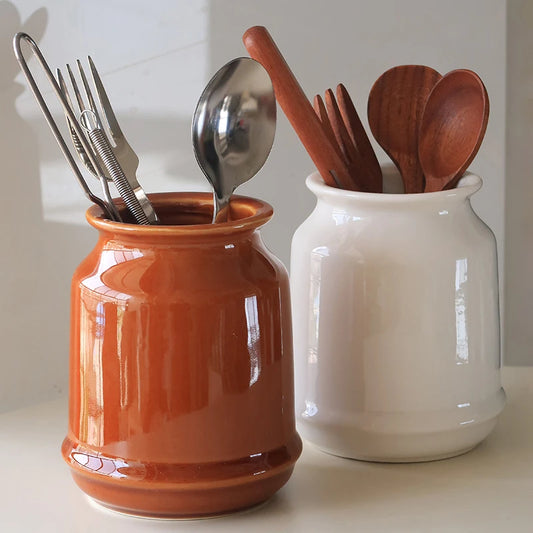 Porcelain Kitchen Utensil Holder for Countertop – Farmhouse Metal Cooking Tools Organizer, Spatula & Gadget Storage Crock Container