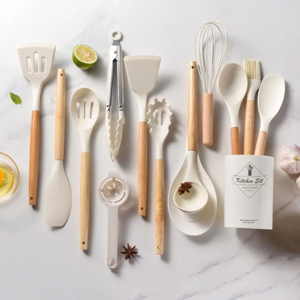 12/14 Pcs Heat-Resistant Kitchen Utensils Set – Eco-Friendly Non-Stick Silicone Cookware Tools with Space-Saving Wooden Handles