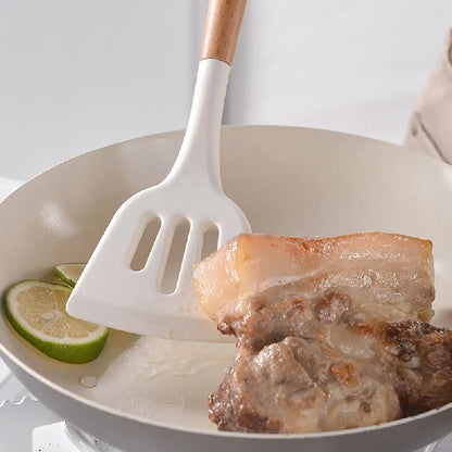 12/14 Pcs Heat-Resistant Kitchen Utensils Set – Eco-Friendly Non-Stick Silicone Cookware Tools with Space-Saving Wooden Handles