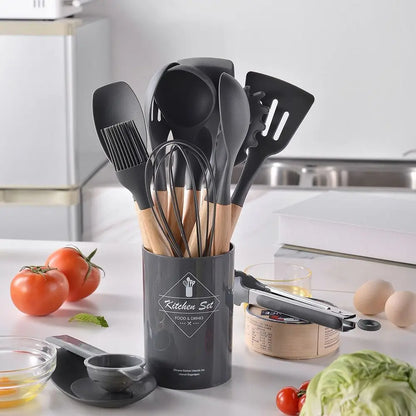 12/14 Pcs Heat-Resistant Kitchen Utensils Set – Eco-Friendly Non-Stick Silicone Cookware Tools with Space-Saving Wooden Handles