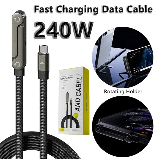 2in1 Invisible Holder Charger Cable 240W Fast Charging Cord with Built-in Phone Stand Type-C Cable Foldable Mobile Phone Holder