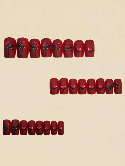 24pcs Valentine's Day Nail Art Red Heart Rose Nails Romantic Date Nail Art ladies Wear Nails Valentine's Day Romantic Gift Reusa