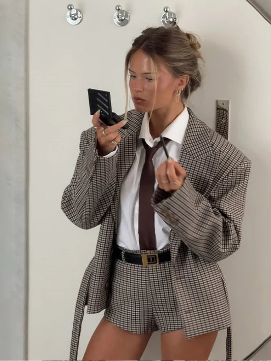 Fashion British Style Checkered Printed Suit Women Lapel Long Sleeve Single-breasted Short Jacket Set Lady Daily Streetwears