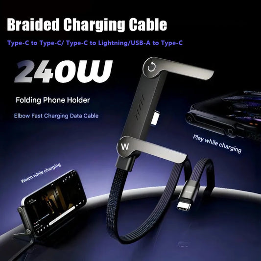 2in1 Invisible Holder Charger Cable 240W Fast Charging Cord with Built-in Phone Stand Type-C Cable Foldable Mobile Phone Holder