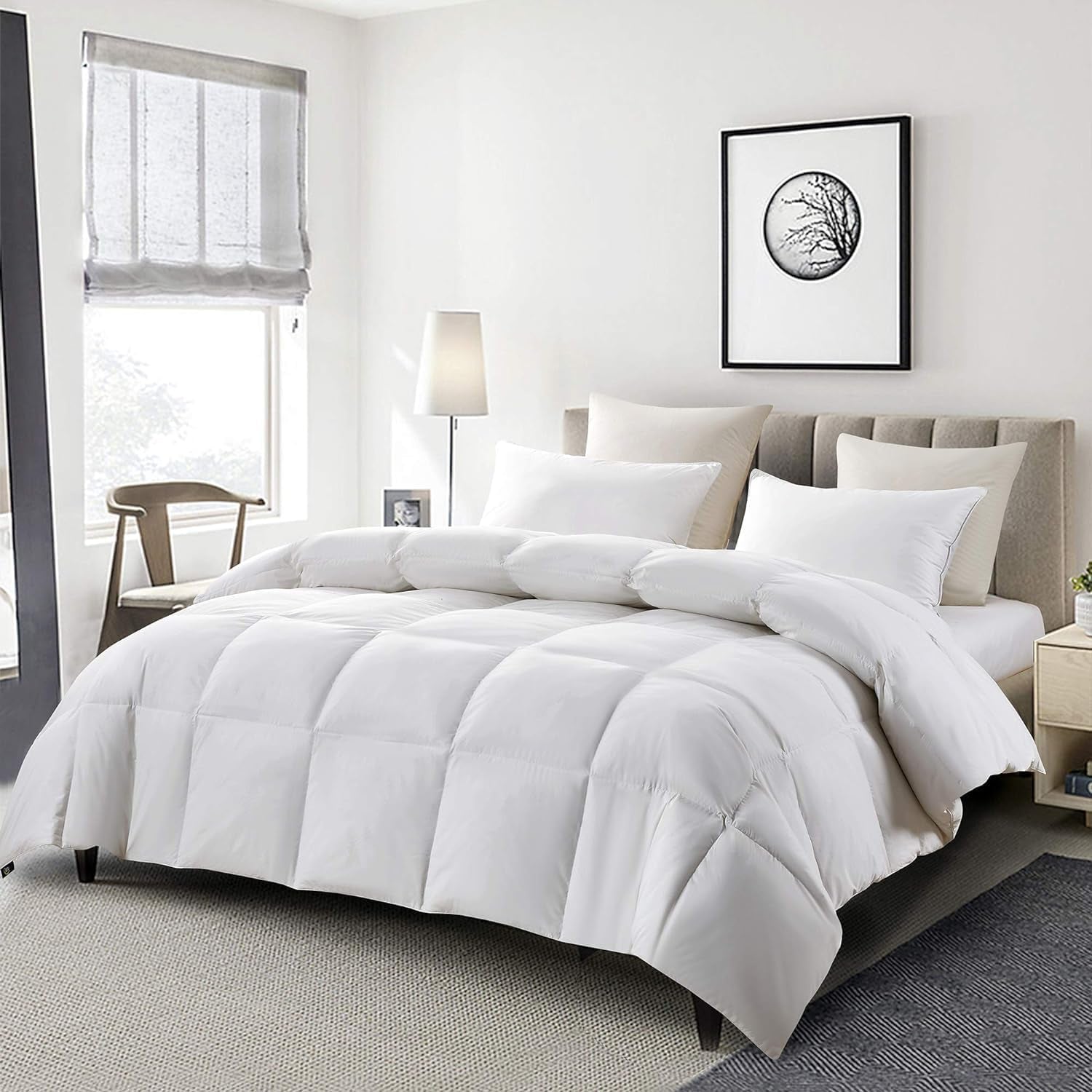 Goose Feather down Fiber Cotton Comforter Queen Size - 100% Cotton Duvet Insert - Hotel Luxury Hypoallergenic Bedding Comforter All Season Medium Warmth 90 X 90 Inch White