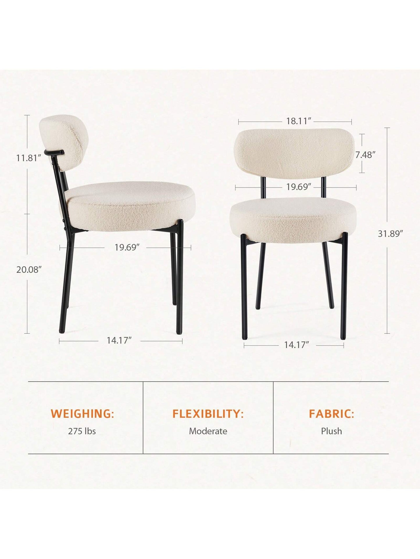 Dining Chairs Set of 2, round Upholstered Dining Chairs with Black Metal Legs, Modern Dining Room Chairs for Dining Room, Kitchen, Living Room