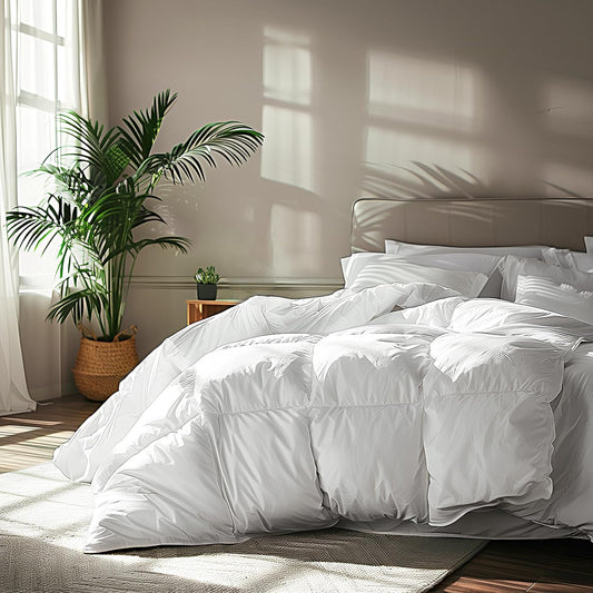 Goose Feather down Fiber Cotton Comforter Queen Size - 100% Cotton Duvet Insert - Hotel Luxury Hypoallergenic Bedding Comforter All Season Medium Warmth 90 X 90 Inch White