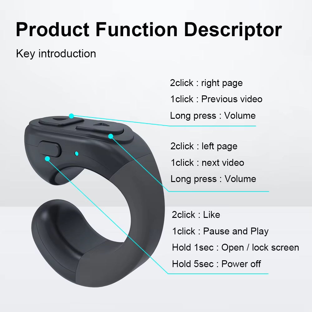 Fingertip Remote Control for Tik-Tok Scrolling Ring Wireless Camera Shutter Selfie Button Bluetooth Page Turner for Ios Android