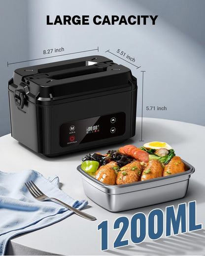 OGERY Self-Heating Electric Lunch Box, 100W Faster Heated Cordless Lunch Box for Adults with Automatic Heating, 40 Fl Oz 304 Stainless Steel Food Warmer with Timer for Hot Meals Anywhere