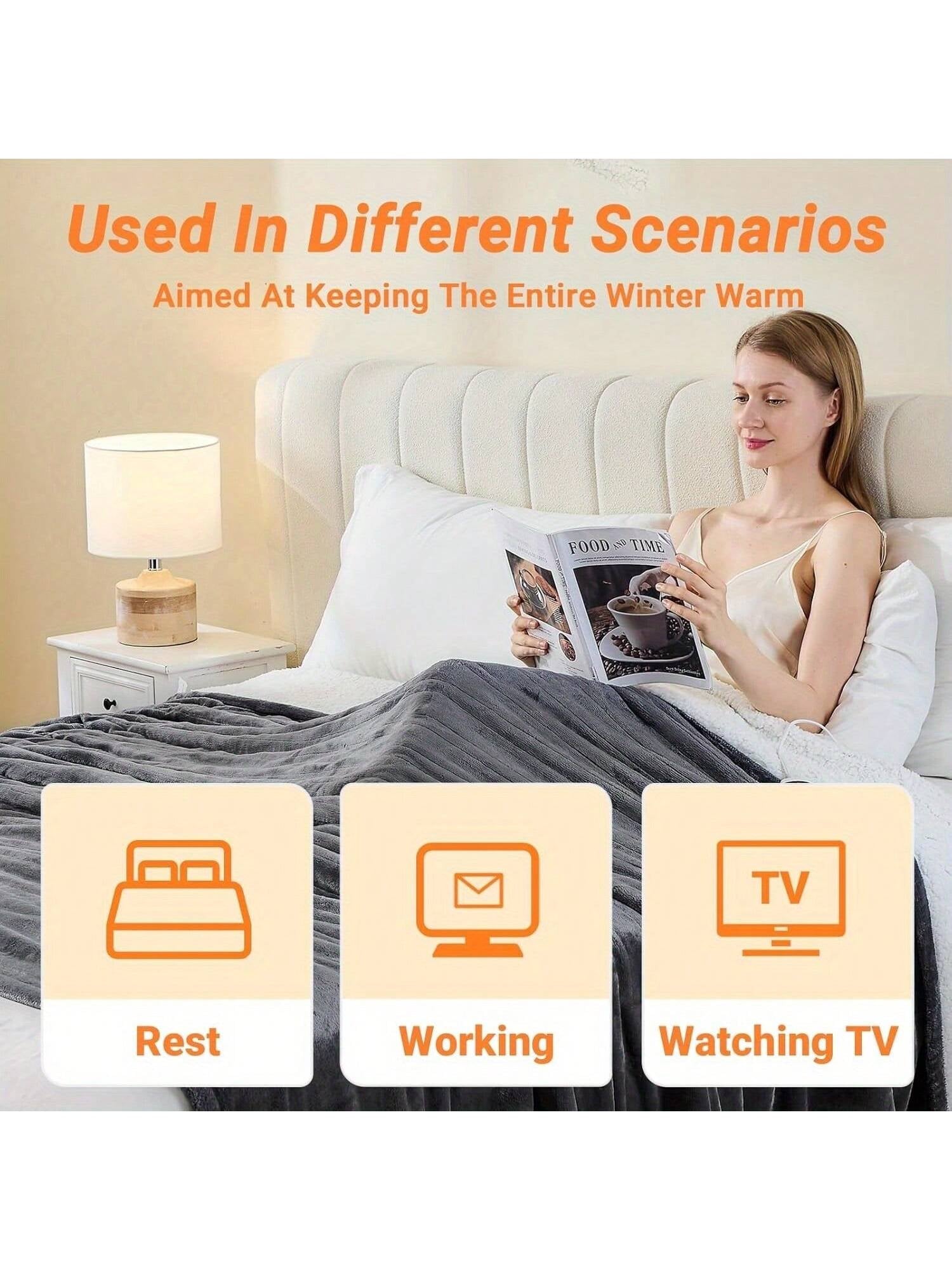 1PC Electric Blanket Heated Throw, Soft Flannel Heating Blanket with 8 Hours Auto off 10 Fast Heating Levels Machine Washable Sherpa Heated Blanket with Overheating Protection