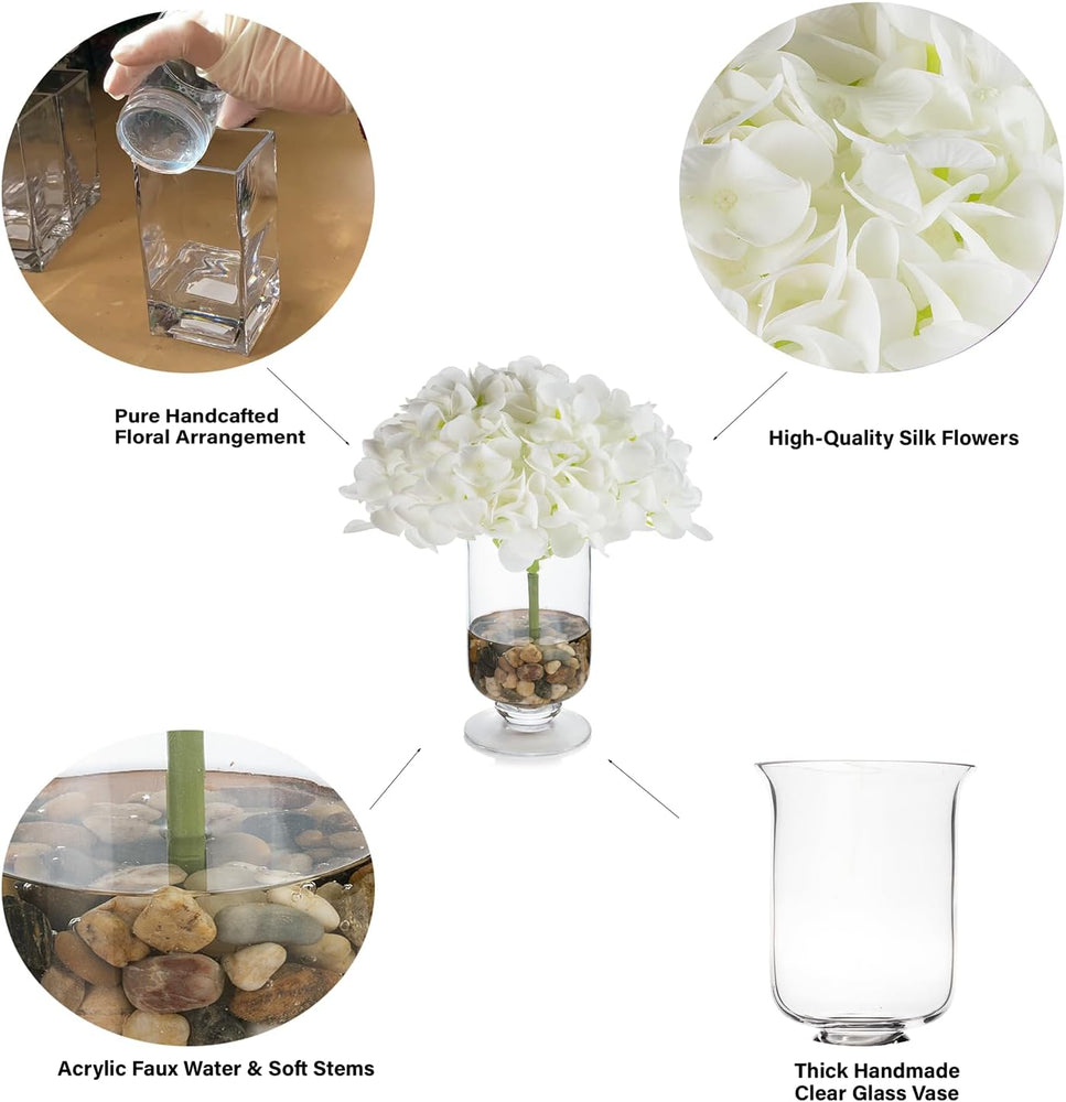 Artificial Flowers with Vase White Silk Fake Flowers Arrangements in Glass Vase with Faux Water for Home Bathroom Office Table Centerpiece Shelf Decorations